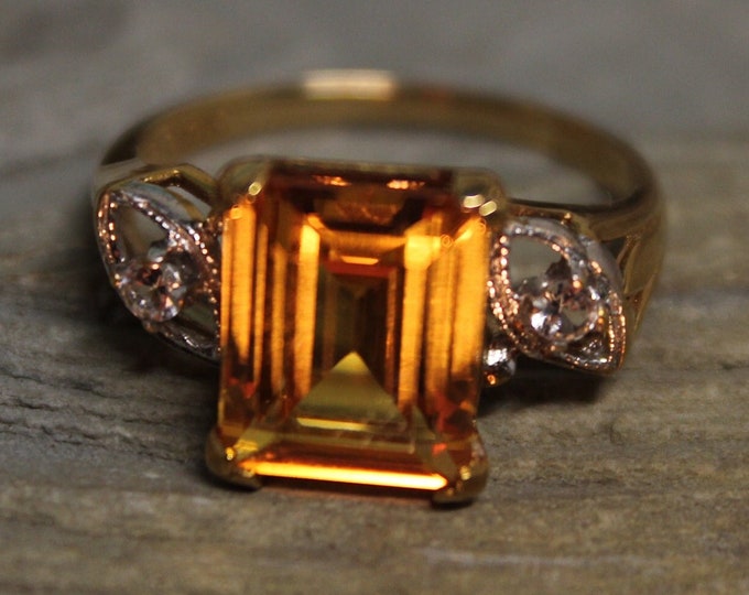 1980's Vintage 10k Solid Gold Orange Sapphire Diamond Ring 2.9 Grams Size 6.5 Yellow Gold Sapphire Ring Vintage Gold Ring Vintage Gold Rings