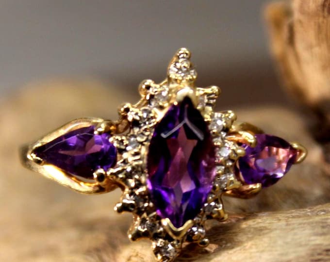Vintage 1980's 10k Solid Gold Diamond & Amethyst Ring 3 Grams Size 8 Solid 10K Yellow Gold Diamond Rings Vintage Diamond Amethyst Rings