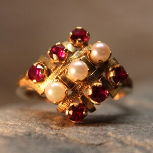 1960's Vintage Ruby Pearl Ring Solid 10K Gold Large Ruby Ring 3.4 Grams Size 7.5 Ruby Pearl Solid Gold Ring Vintage Gold Rings Pearl Rings