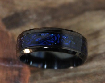 Mens Rings Wedding Band Blue Celtic Viking Dragon Ring Size 10.5 Tungsten Carbide Promise Ring Mens Thick Bands Jewelry Black Dragon Ring