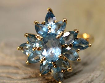 1980's Vintage 10k Solid Yellow Gold Blue Topaz Ring 3.4 Grams Size 6 Solid Yellow Gold Statement Rings Vintage 10K Gold Blue Topaz Rings