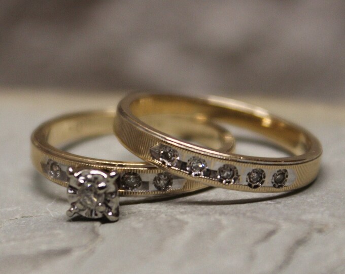 1970's Vintage 10K Solid Gold Wedding Set Size 4.75 Weight 3.1 Grams 10K Yellow Gold Wedding Ring Set Diamond Engagement Ring Wedding Set