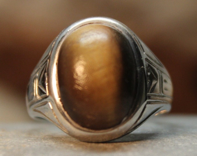 1940's Vintage Mans Tigers Eye Sold Gold 10K Ring 7.1 Grams Size 9 Solid Gold Man Ring Vintage Mans Gold Cats Eye Ring Man Vintage Rings