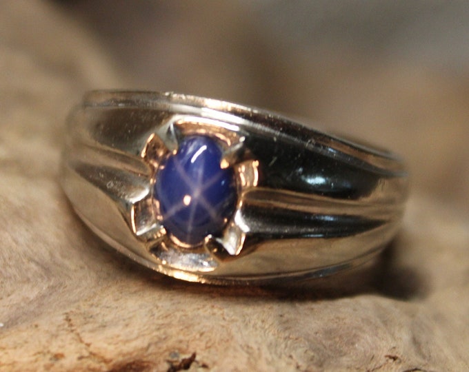 1980's Vintage Blue Star Sapphire Ring 10K solid Gold Mens Ring 6.5 Grams Size 10 Vintage Mens Sapphire Ring Mens Blue Star Sapphire Ring
