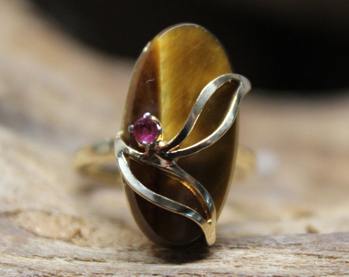 1990's Vintage 10K Gold Tigers Eye Ring 4 Grams Tigers Eye & Ruby Gold  Ring Size 5 Yellow Gold Ruby Rings Vintage Ruby Rings Vintage Rings