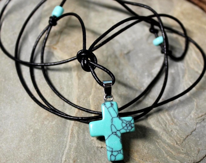 Small Natural Turquoise Stone Cross Turquoise Pendant Necklace Adjustable Leather Cord Turquoise pendant Handmade Religious Cross Christian