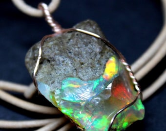 Large Natural Ethiopian Fire Opal 20.5ct Welo Ethiopian Untreated Fire Opal Pendant Adjustable Necklace Large Earth Mined Ethiopian Opal