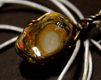Large Natural Ethiopian Welo  Fire Opal 18Ct Welo Ethiopia Black Fire Opal Gemstone Pendant Necklace Large Fire Opal Ethiopian Fire Opal