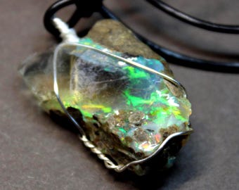 Large Natural Ethiopian Welo Fire Opal 28ct Earthed Mined Ethiopia Black Fire Opal Gemstone Pendant Necklace Large Opal Ethiopian Fire Opal