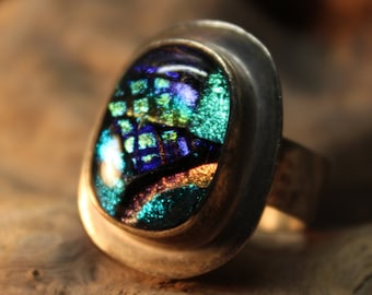 Vintage Large Sterling Silver Dichroic Glass Ring Mexico Vintage Rings Size 8 Weight 12.7 grams Men Ring Jewelry Unisex Ring Vintage Silver