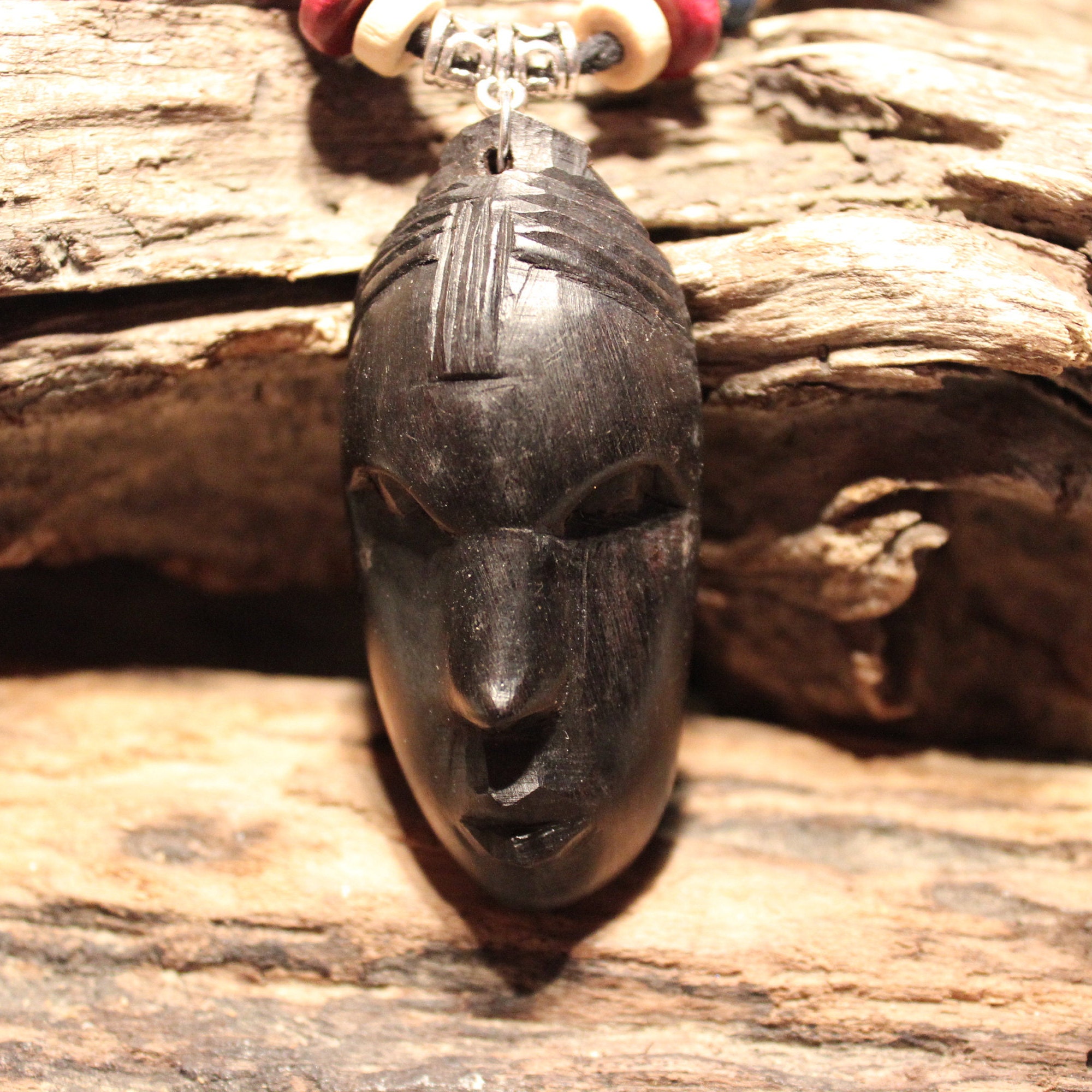 Vintage African Wood Pendant Ebony Large Ebony Pendant Leather Necklace Large Wood Pendant Large