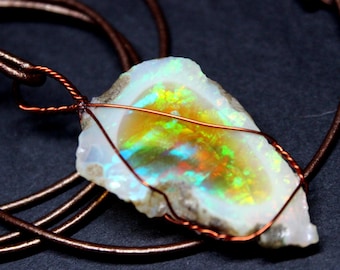 Large Natural Ethiopian Fire Opal 29ct Welo Ethiopian Untreated Fire Opal Pendant Adjustable Necklace Large Earth Mined Ethiopian Opal