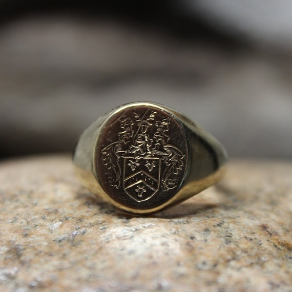 Vintage English Crest Ring 9k Gold Mens Signet Rin