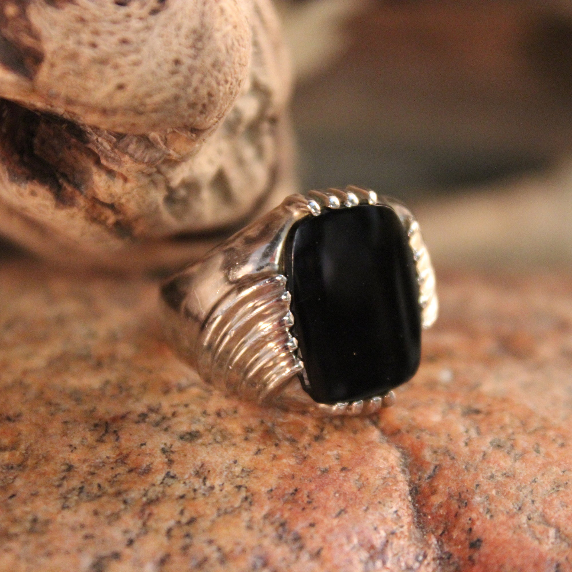 Vintage Large Mens Onyx Gold Ring Onyx Ring 10K White Gold Mens Ring
