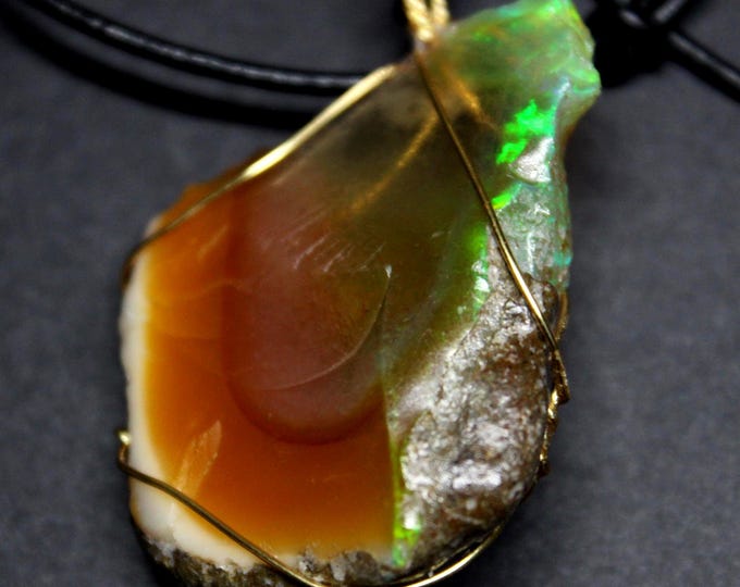 Large Natural Ethiopian Fire Opal 34.5ct Welo Ethiopian Untreated Fire Opal Pendant Adjustable Necklace Large Earth Mined Ethiopian Opal