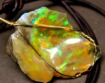 Large Natural Ethiopian Welo Fire Opal 24ct Earthed Mined Ethiopia Black Fire Opal Gemstone Pendant Necklace Large Opal Ethiopian Fire Opal