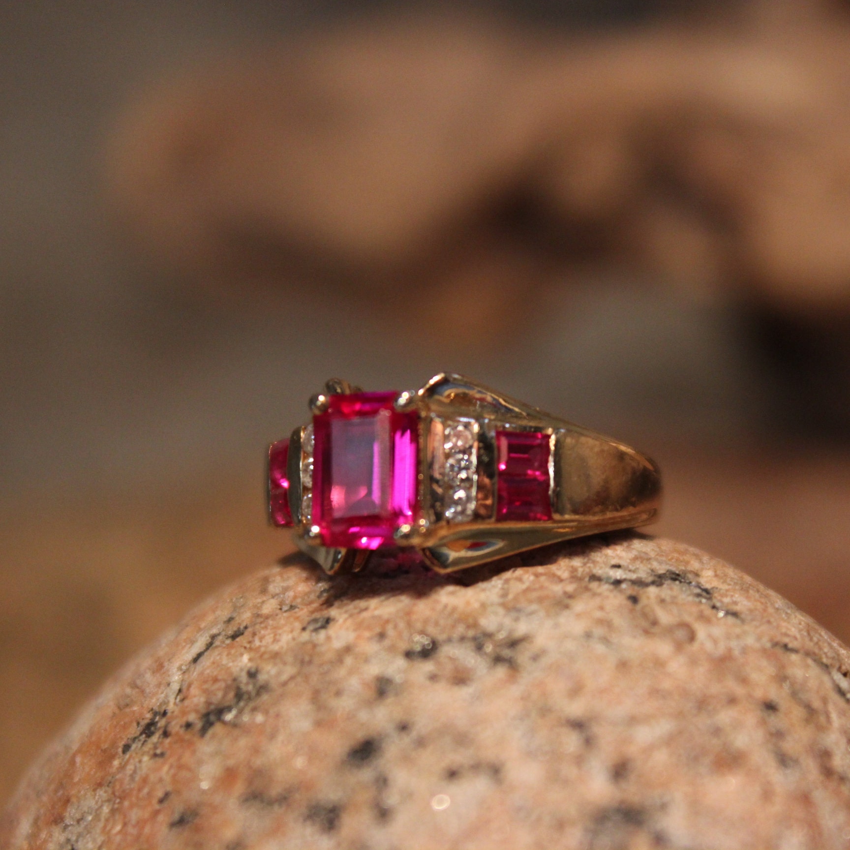 1980's Emerald Cut Ruby Diamond Ring 10K Yellow Gold Diamond Ring 3.3 ...