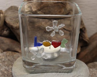 Handmade Sea Glass Tea Light Lake Erie Beach Glass Tea light "Love" Tea Light Beach Glass "LOVE" Tea Light Lake Beach Glass Love