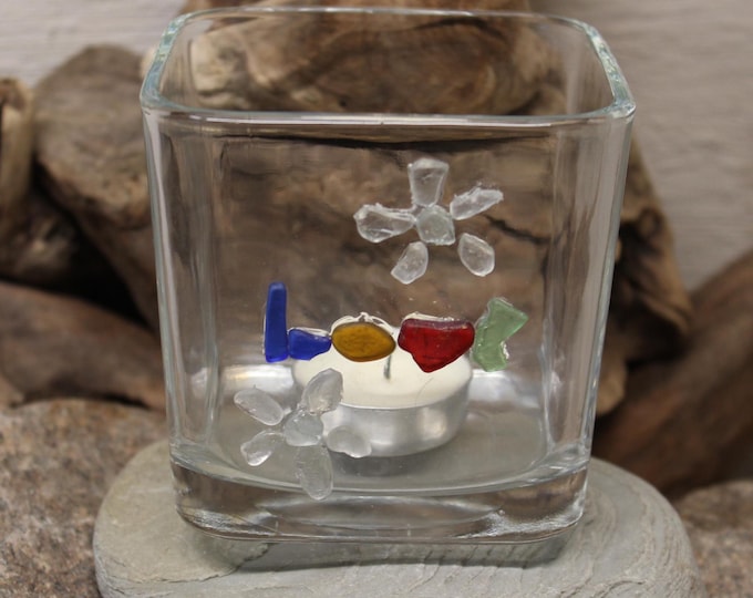 Handmade Sea Glass Tea Light Lake Erie Beach Glass Tea light "Love" Tea Light Beach Glass "LOVE" Tea Light Lake Beach Glass Love
