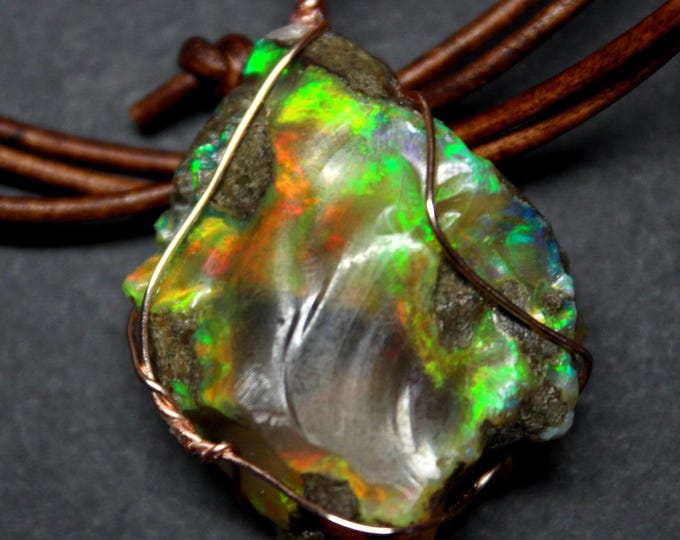 Large Natural Ethiopian Fire Opal 40ct Welo Ethiopian Untreated Fire Opal Pendant Adjustable Necklace Large Earth Mined Ethiopian Opal