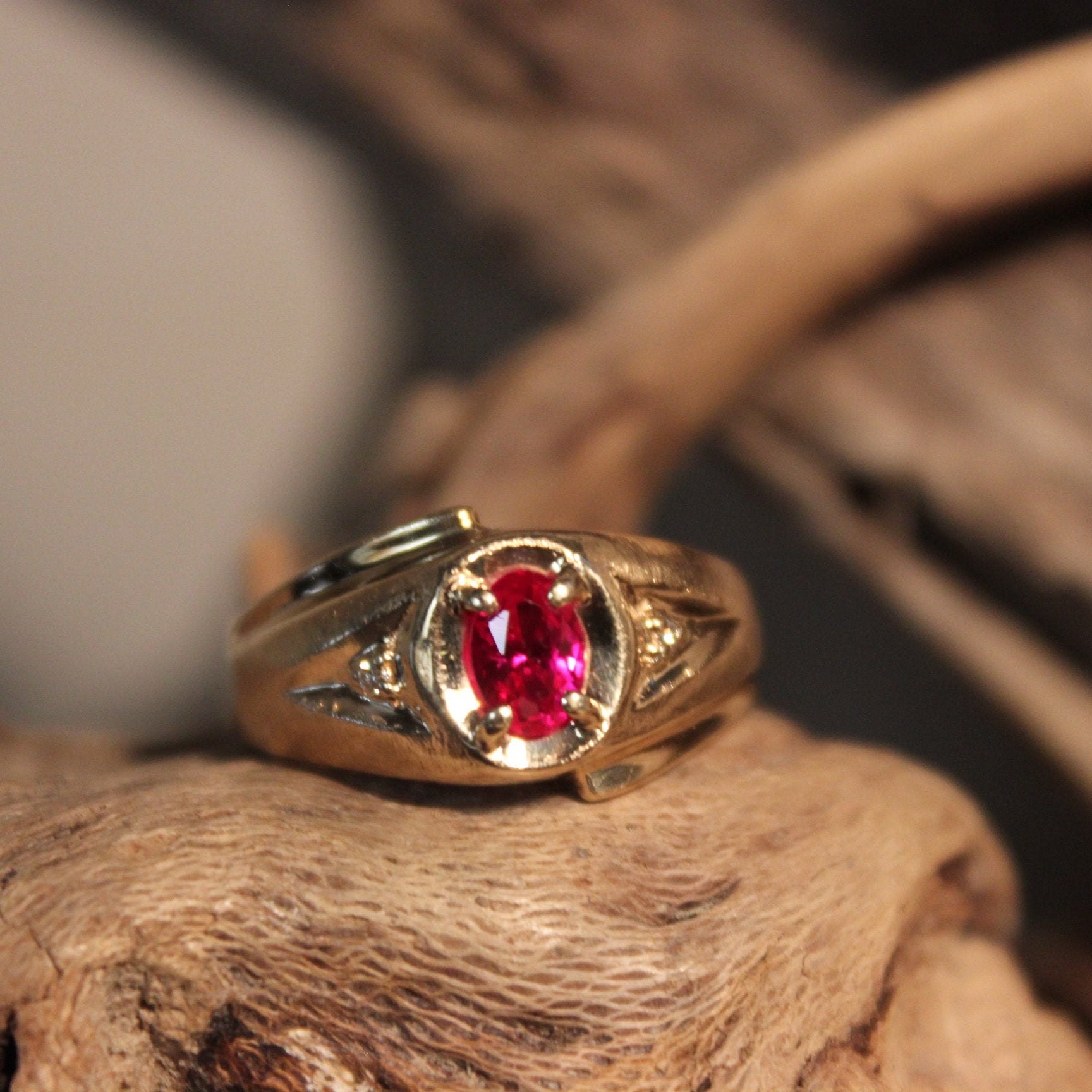 1980's Mens Ruby Diamond Ring Mens 10K Yellow Gold Diamond Ring 5 Grams