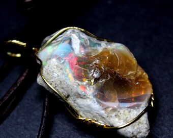 Large Natural Ethiopian Welo Fire Opal 32.5ct Welo Ethiopia Untreated Black Fire Opal Pendant Necklace Large Earth Mined Ethiopian Fire Opal