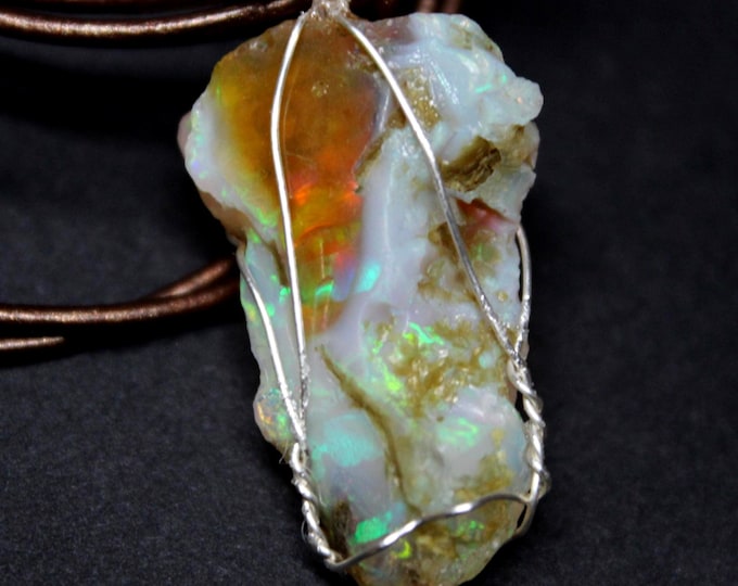 Large Natural Ethiopian Fire Opal 27ct Welo Ethiopian Untreated Fire Opal Pendant Adjustable Necklace Large Earth Mined Ethiopian Opal