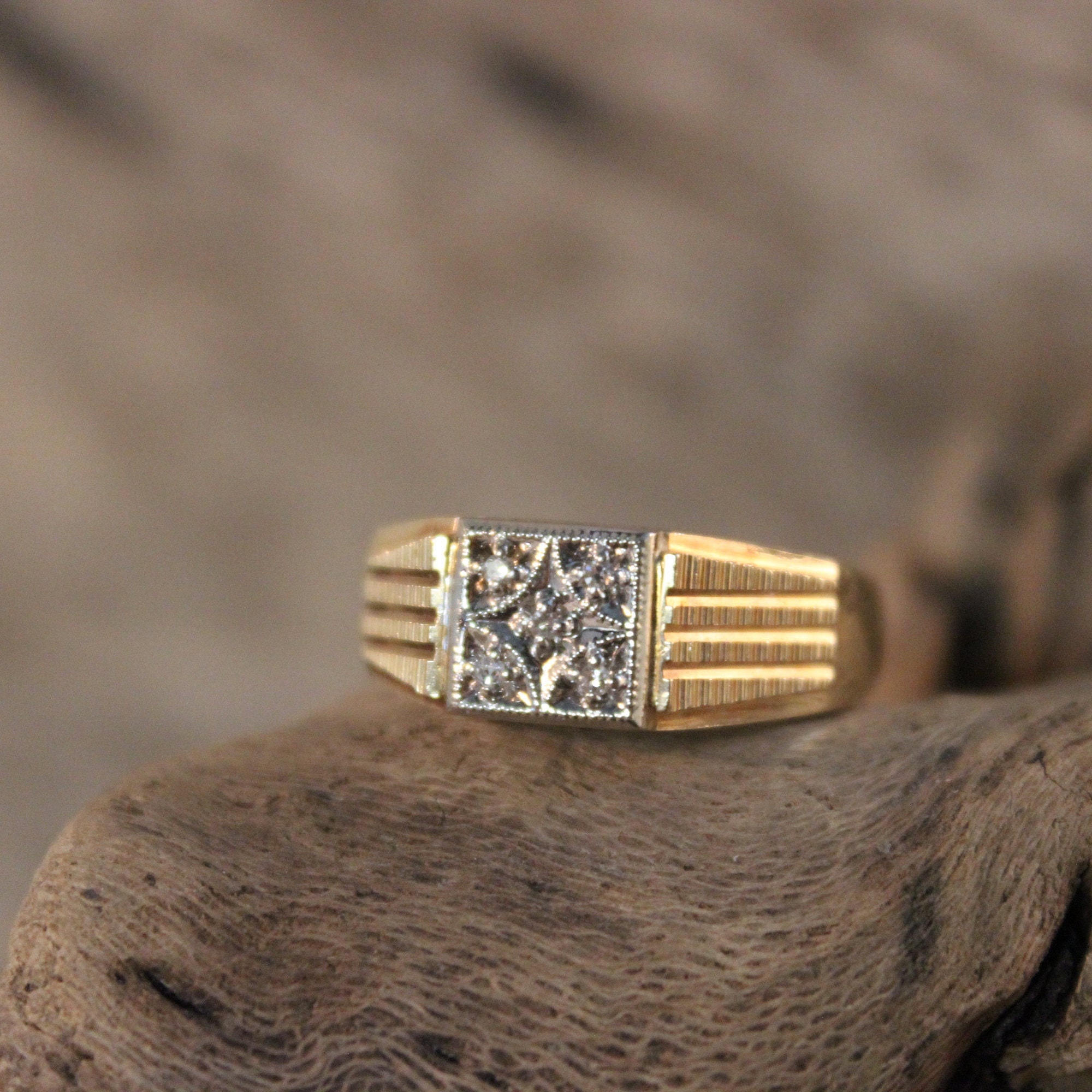 Mens Vintage Diamond Ring Mens 10K Solid Yellow Gold Ring 5 Diamonds 5. ...