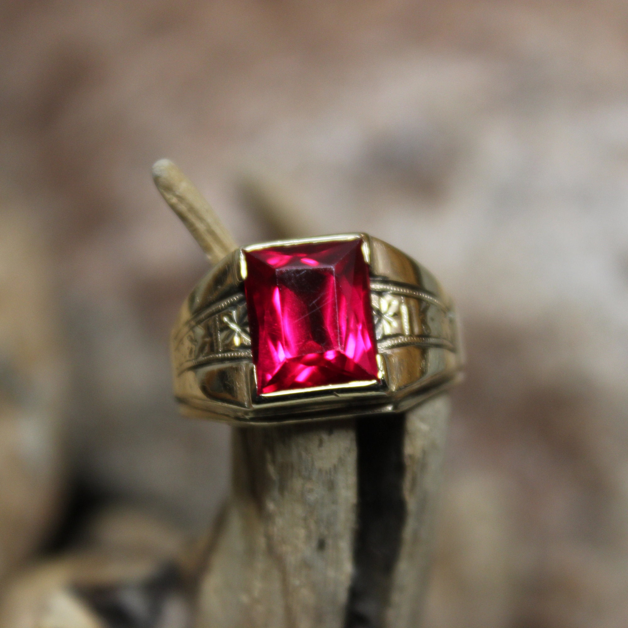 1980's Vintage Mens Ruby Ring 3.1 Grams Size 6.5 Man 10K Yellow Gold  Emerald Cut Ruby Ring Mens Gold Signet Rings Vintage Ruby Gold Man Ring