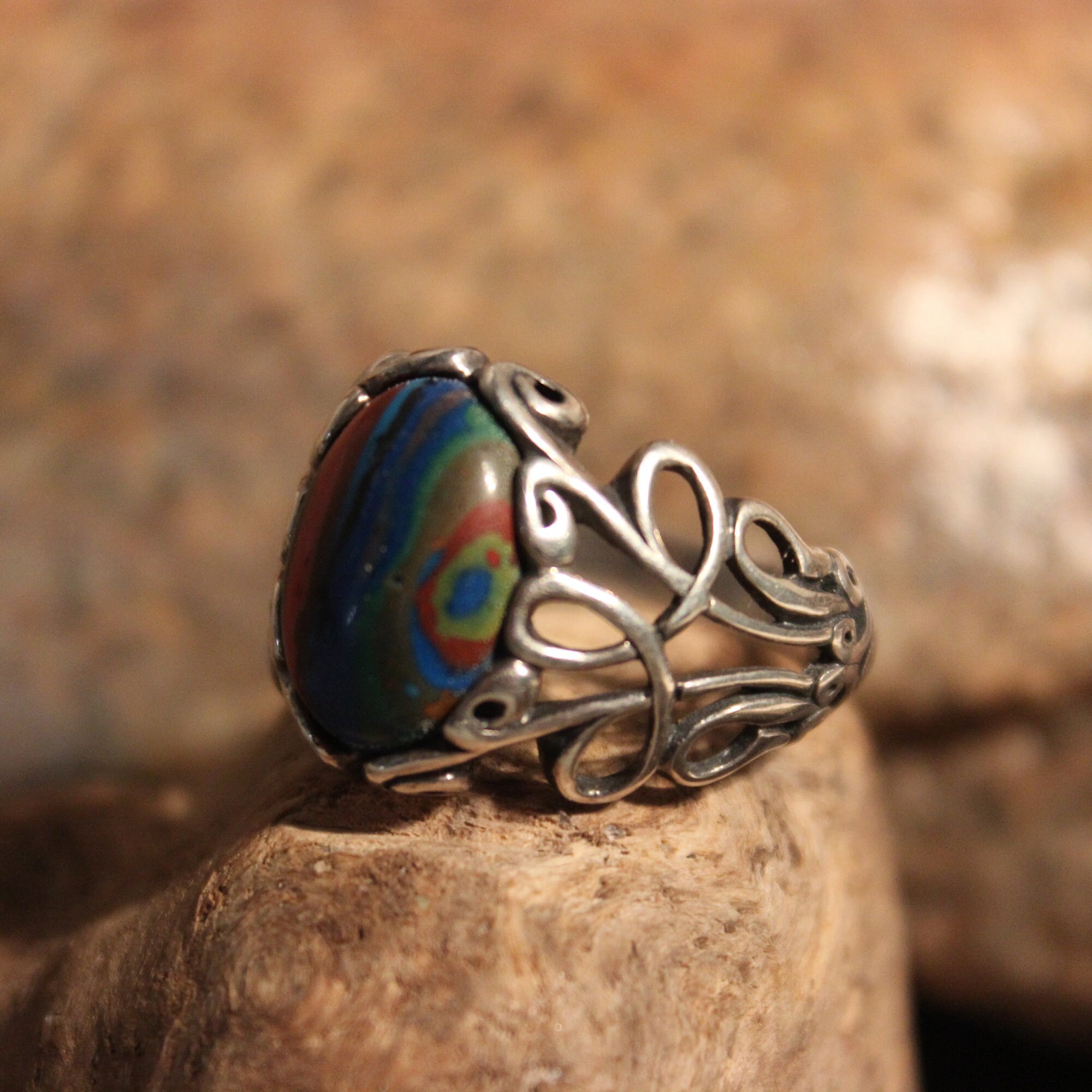 Vintage Southwestern Mens Ring Sterling Silver Rainbow Calsilica Ring ...