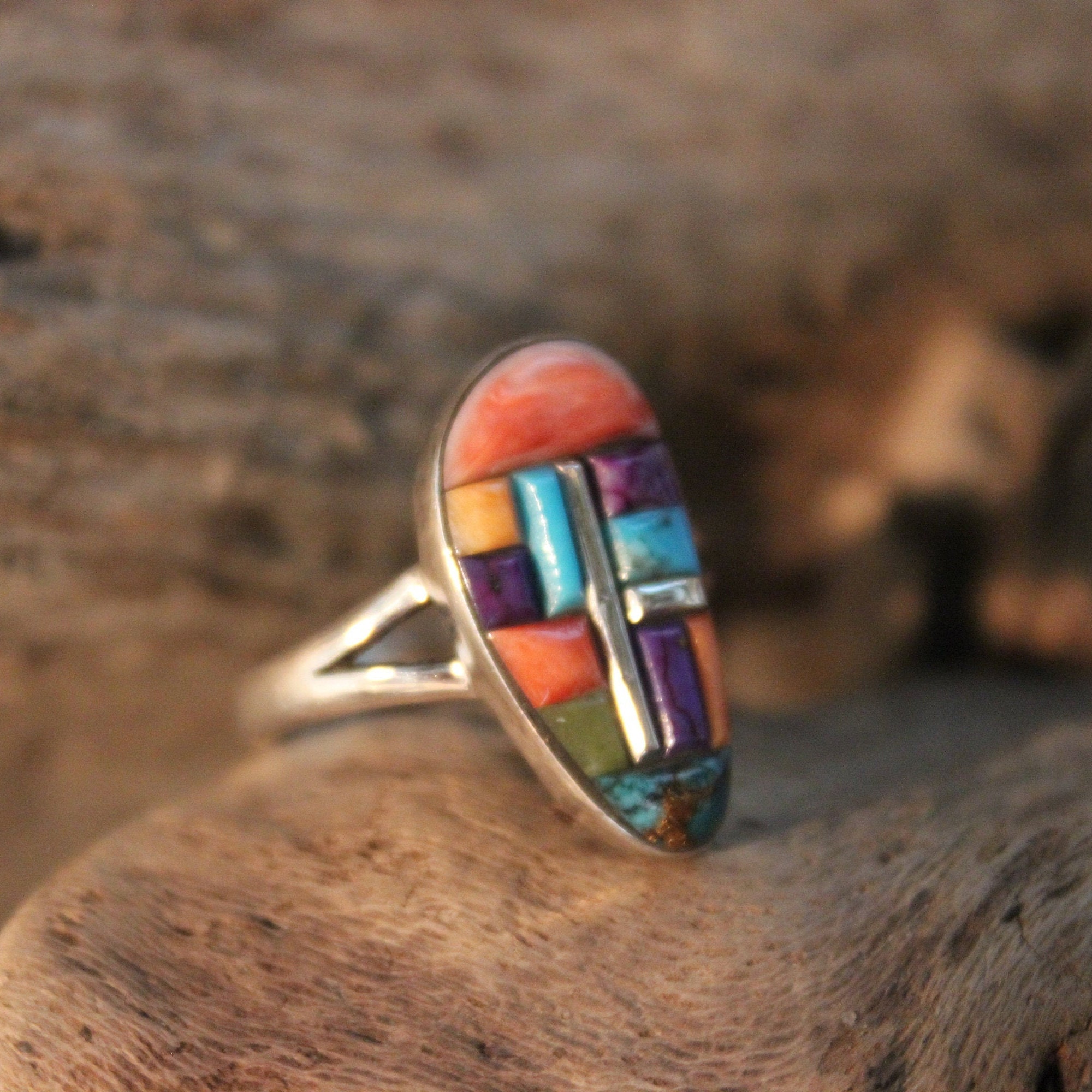 Large Vintage Sterling Silver Inlay Ring Size 8 Weight 4.1 Grams ...