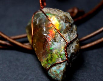 Large Natural Ethiopian Fire Opal 31.5ct Welo Ethiopian Untreated Fire Opal Pendant Adjustable Necklace Large Earth Mined Ethiopian Opal