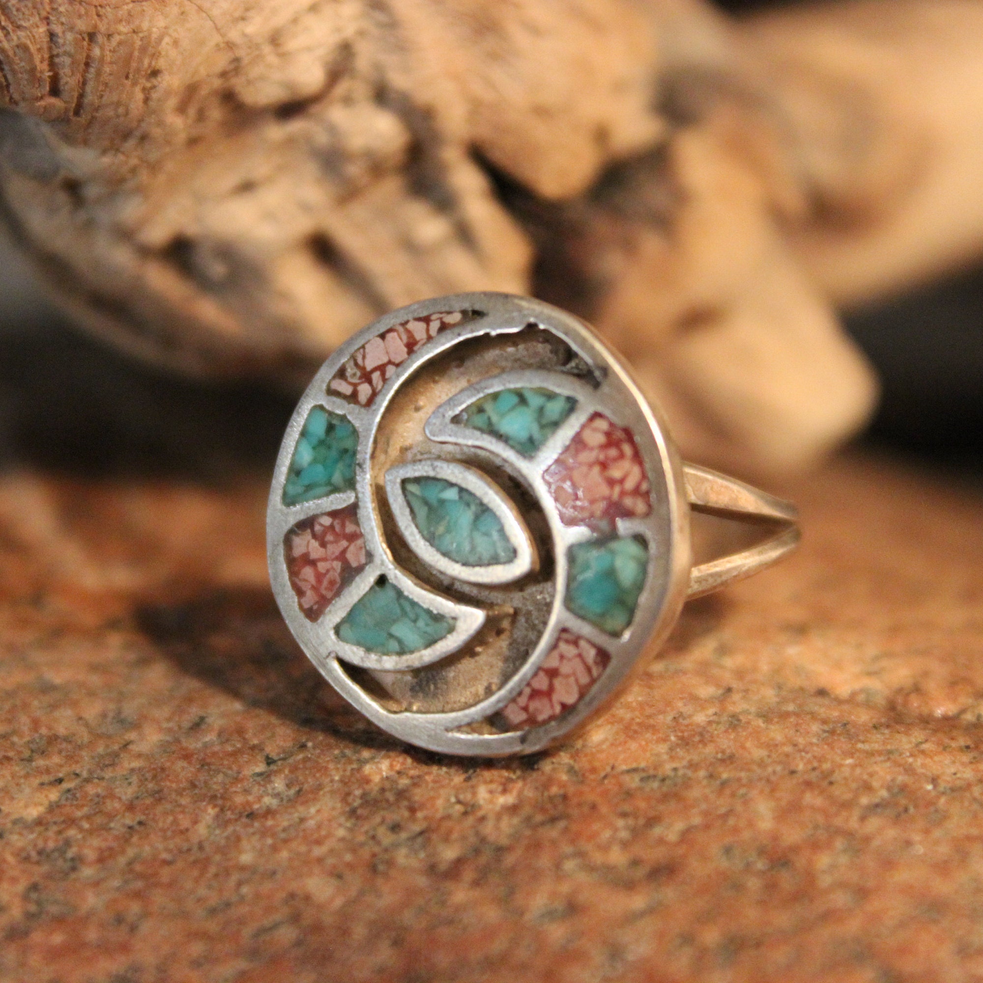 Vintage Navajo Sterling Silver Turquoise Coral Ring Native American 5.9 ...