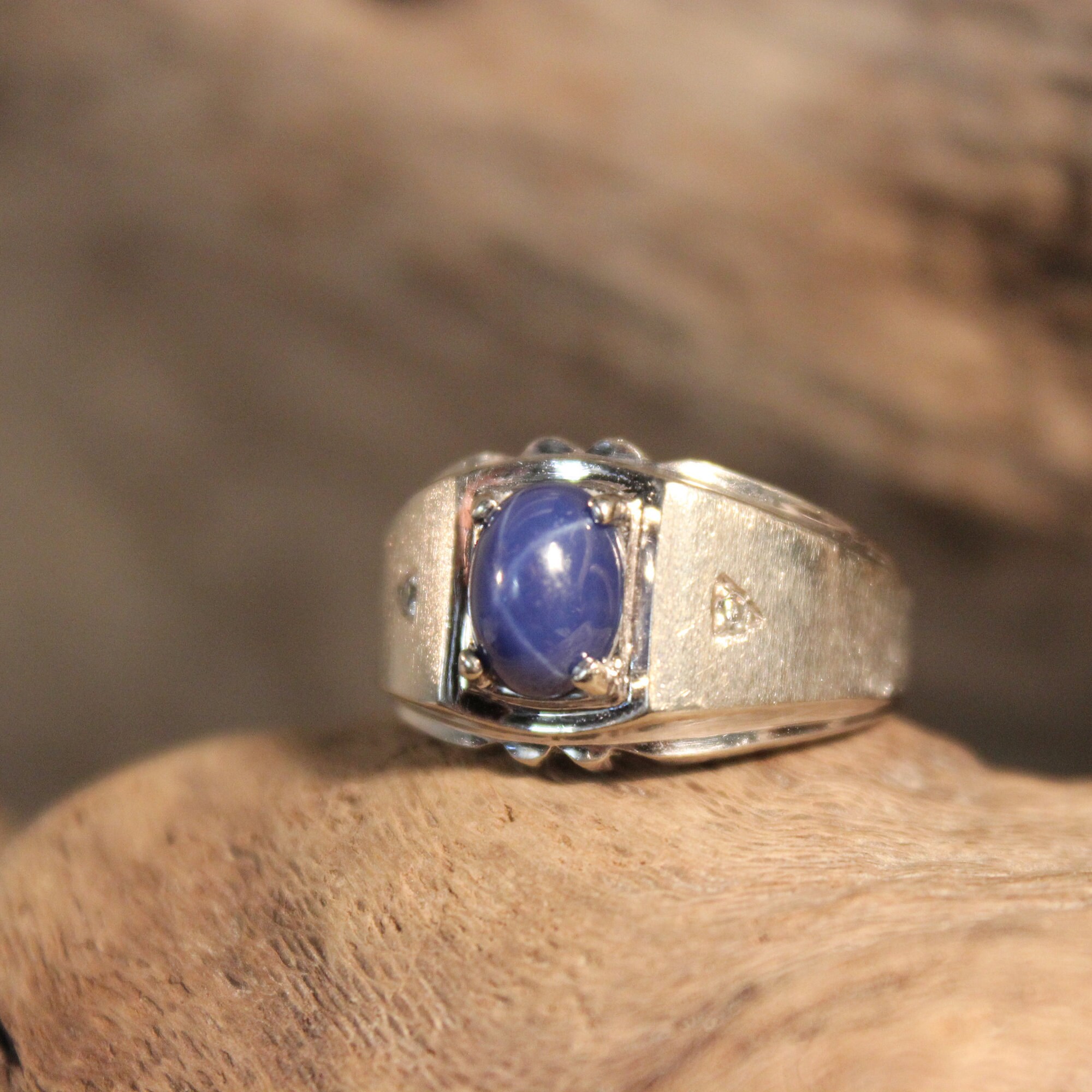 1980's Vintage Blue Star Sapphire & Diamond Ring 10K Gold Mens Ring 4.7 ...