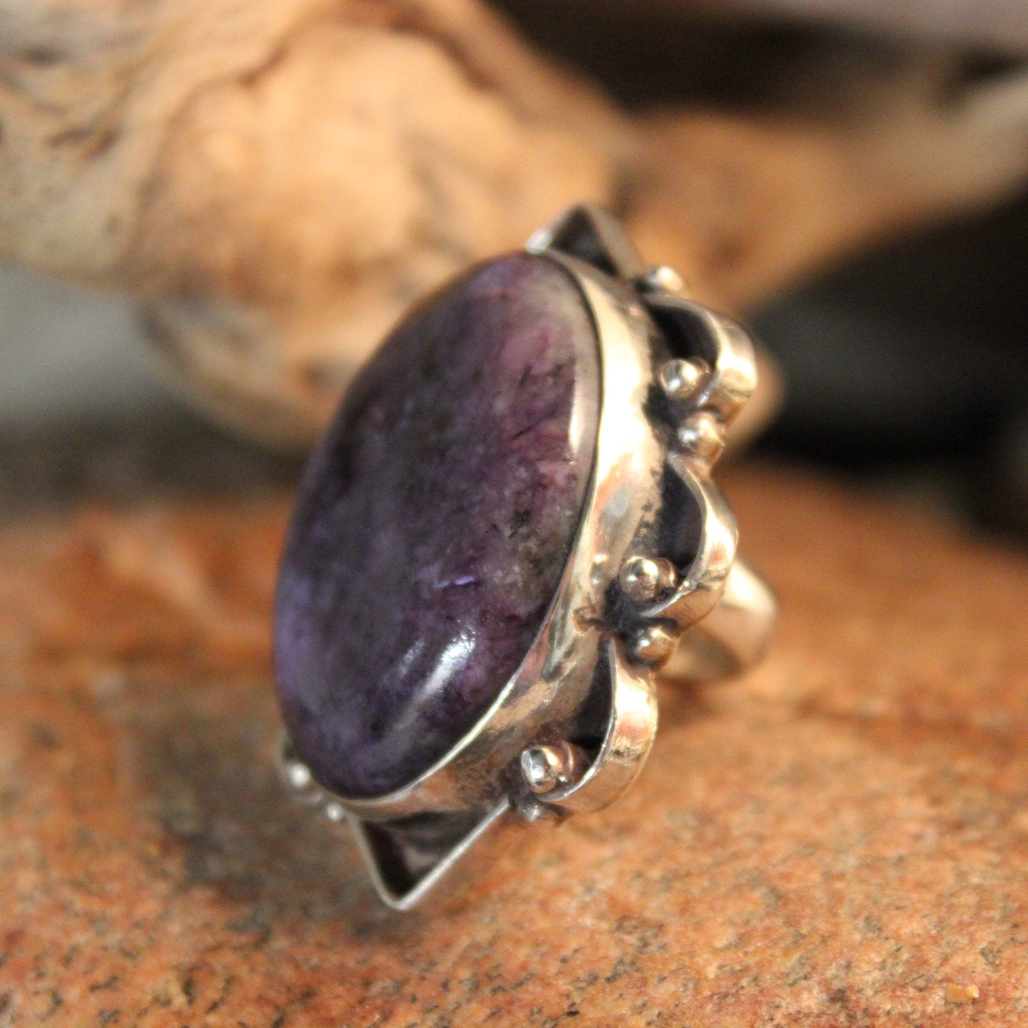Large Vintage Charoite Silver Ring Size 4.5 Weight 22.6 Grams Large