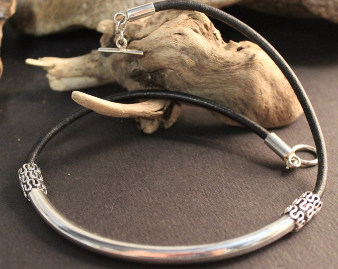 Vintage Sterling Silver Viking Choker Necklace Viking Necklace Celtic Torque Leather Necklace Sterling Silver 27.9 Grams 17" Vintage viking