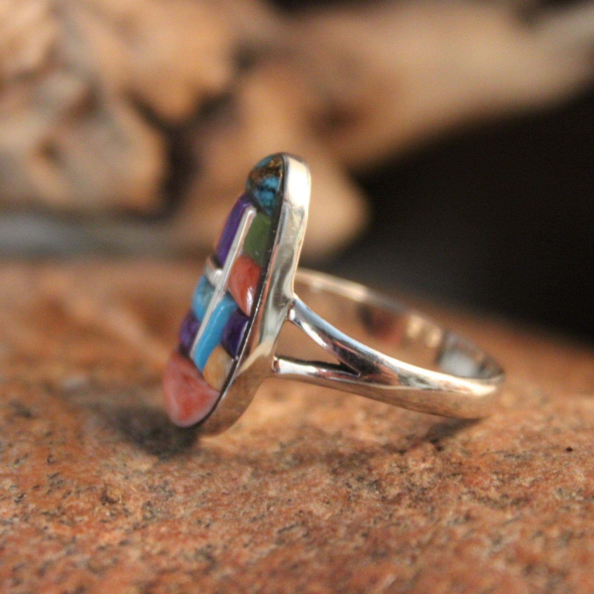 Large Vintage Sterling Silver Inlay Ring Size 8 Weight 4.1 Grams ...