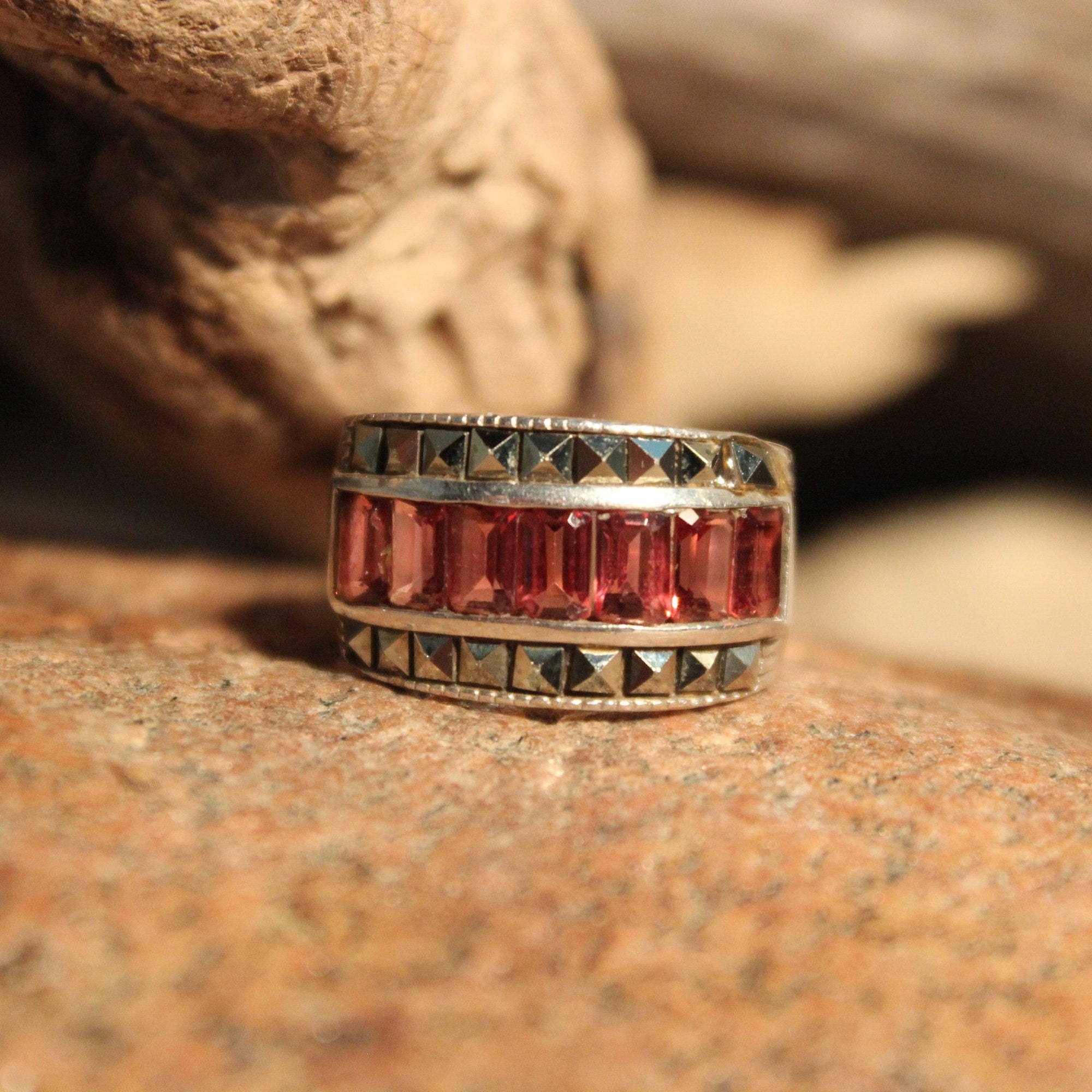 Vintage Red Garnet Marcasite Silver Ring Sterling Silver Ring Size 6.5 ...