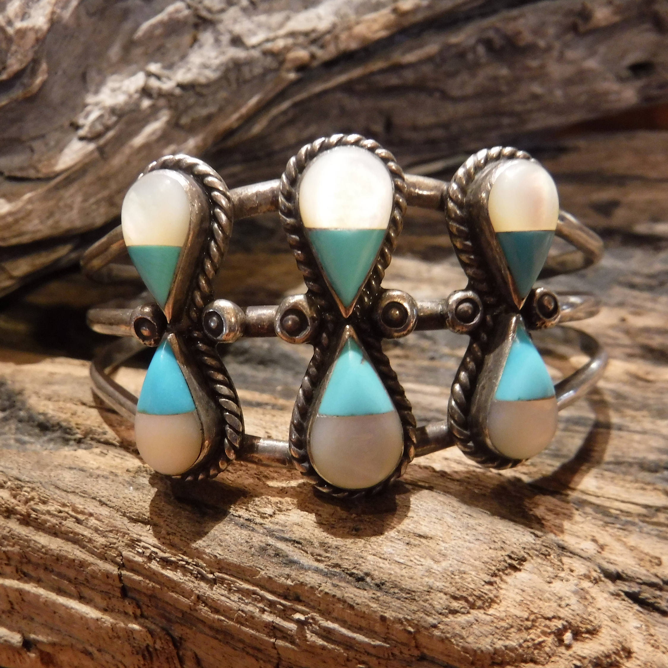 Bracelet Artisanat Zuni - Argent Sterling, Incrustations Turquoise Opale Onyx, Occasion