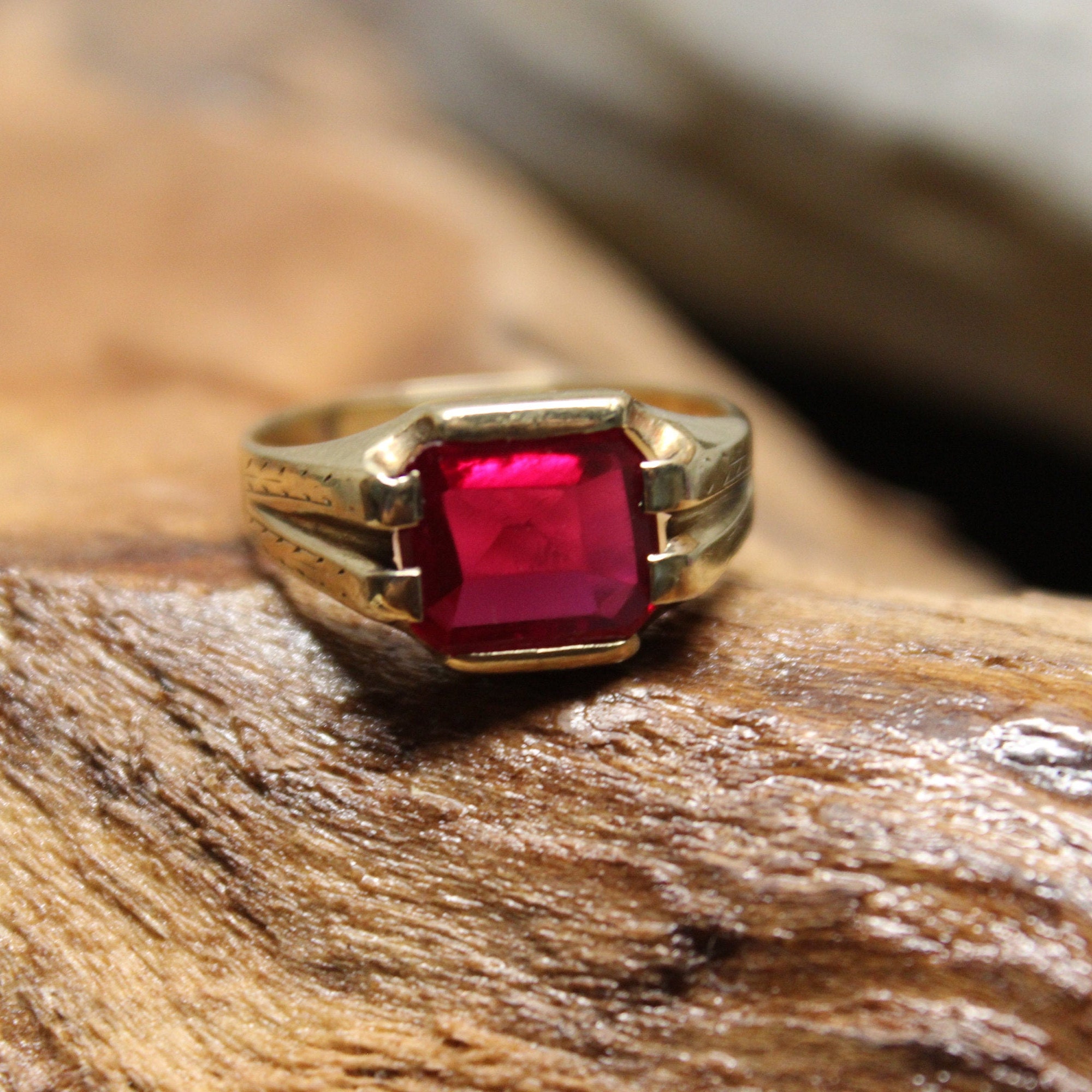 Yellow Gold Lab-Created Ruby Men's Ring - 10k Rectangular Solitaire -  Wilson Brothers Jewelry