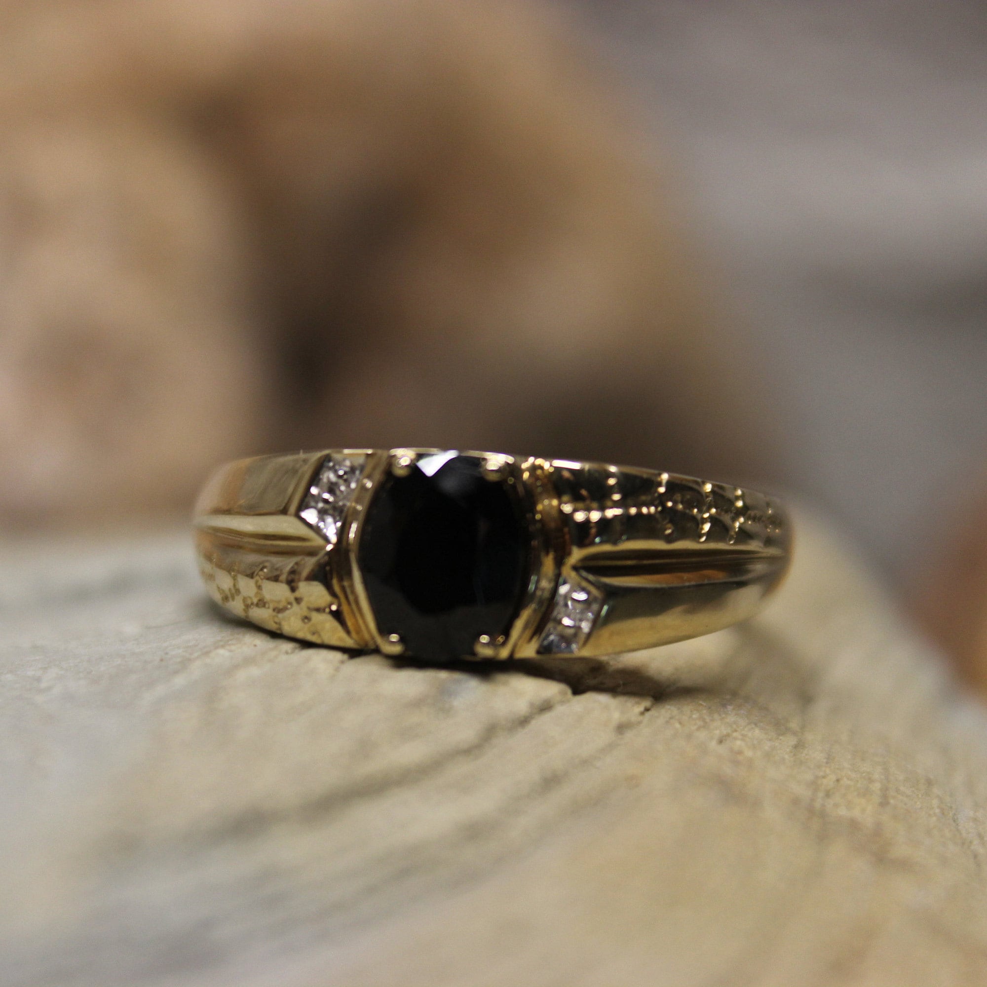 Vintage 1990's Mens Gold Onyx Ring Men Diamond Ring 10K Solid Gold Mens