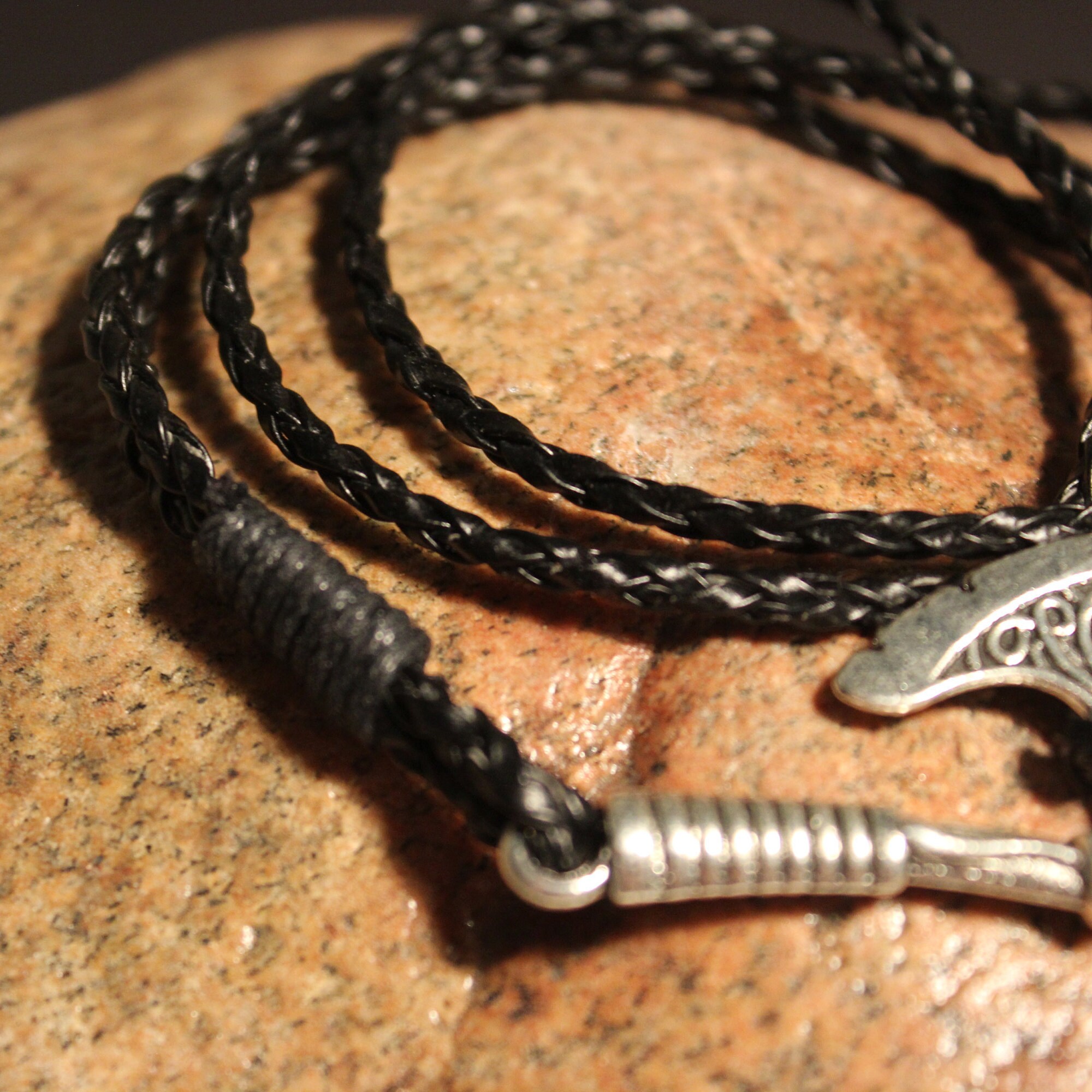 Set of Black Leather and Lava Bracelets with Silvered Bronze Double Axe | Viking  Jewelry - Norse Wolves