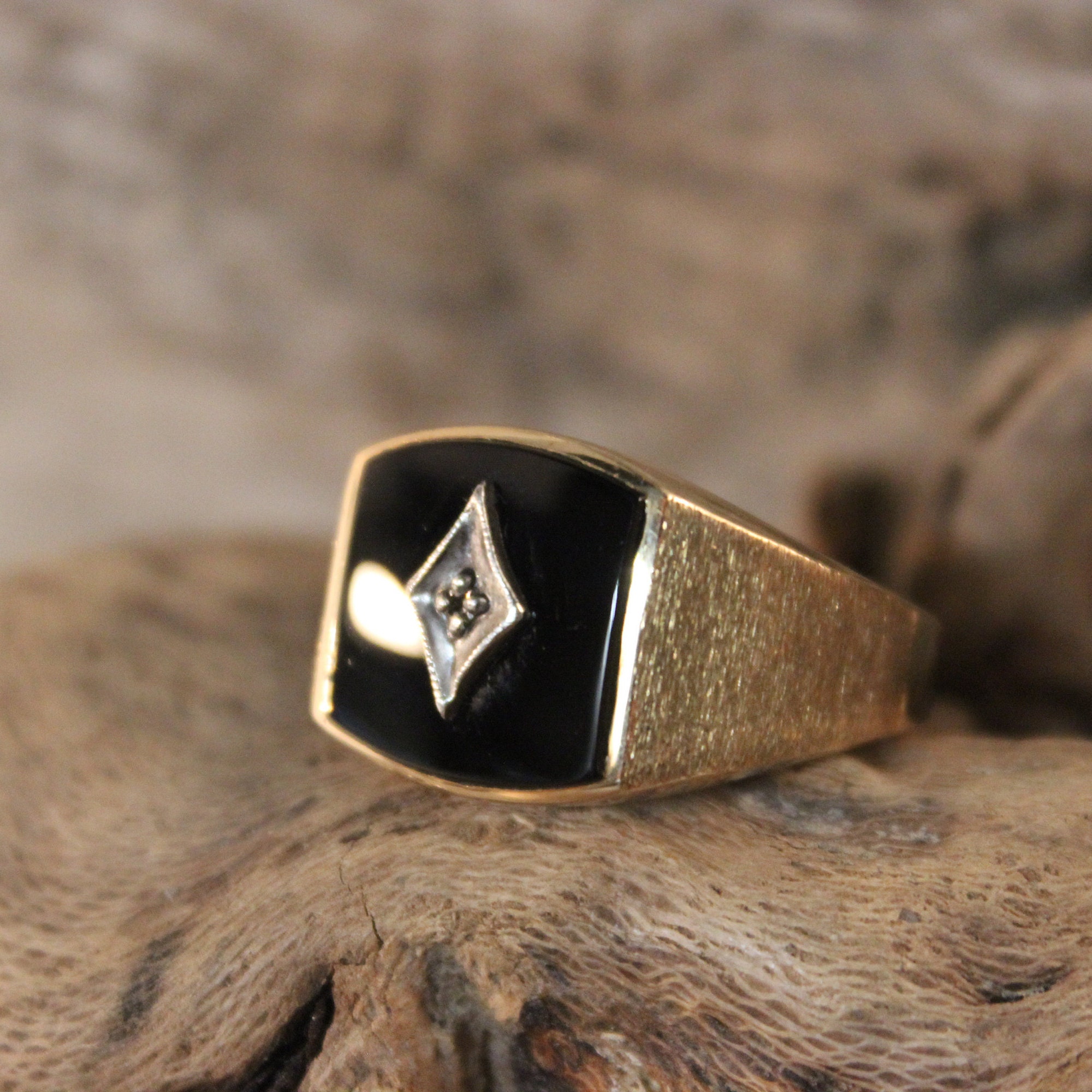 Vintage Mens Diamond Ring Diamond Onyx Ring 10K Solid Gold Mens Ring 5.
