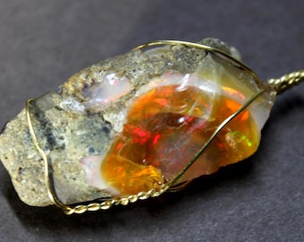 Large Natural Ethiopian Welo Fire Opal 38Ct Welo Ethiopia Black Fire Opal Gemstone Pendant Necklace Large Fire Opal Ethiopian Fire Opal