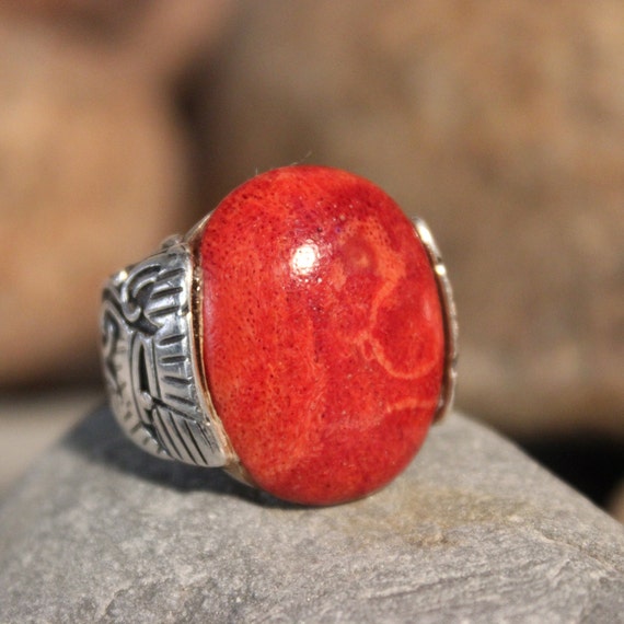 Large Vintage Coral Ring Sterling Silver Ring 10 G