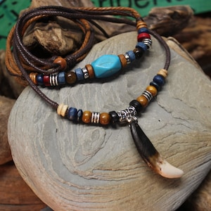 Buyanputra Men's Antique Wolf Fang Tooth Pendant Necklace - Faux Leather Rope With Bronze Tribal Carving - View #7