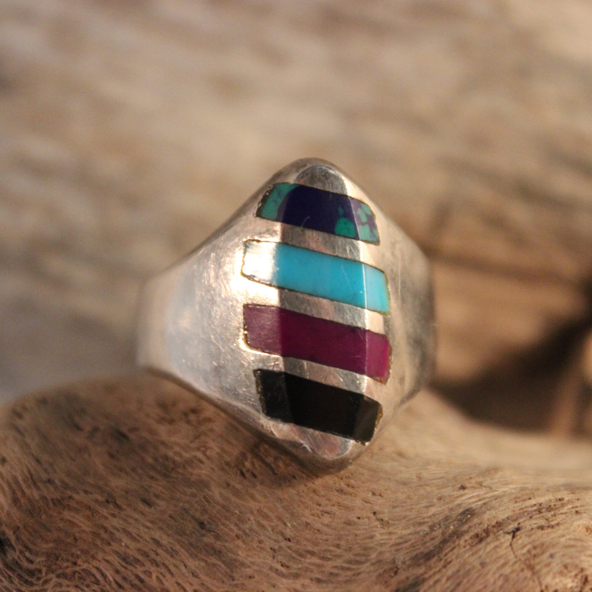 Large Mens Silver Ring Vintage Mexico Ring 10 Grams Size 10 Multi Stone