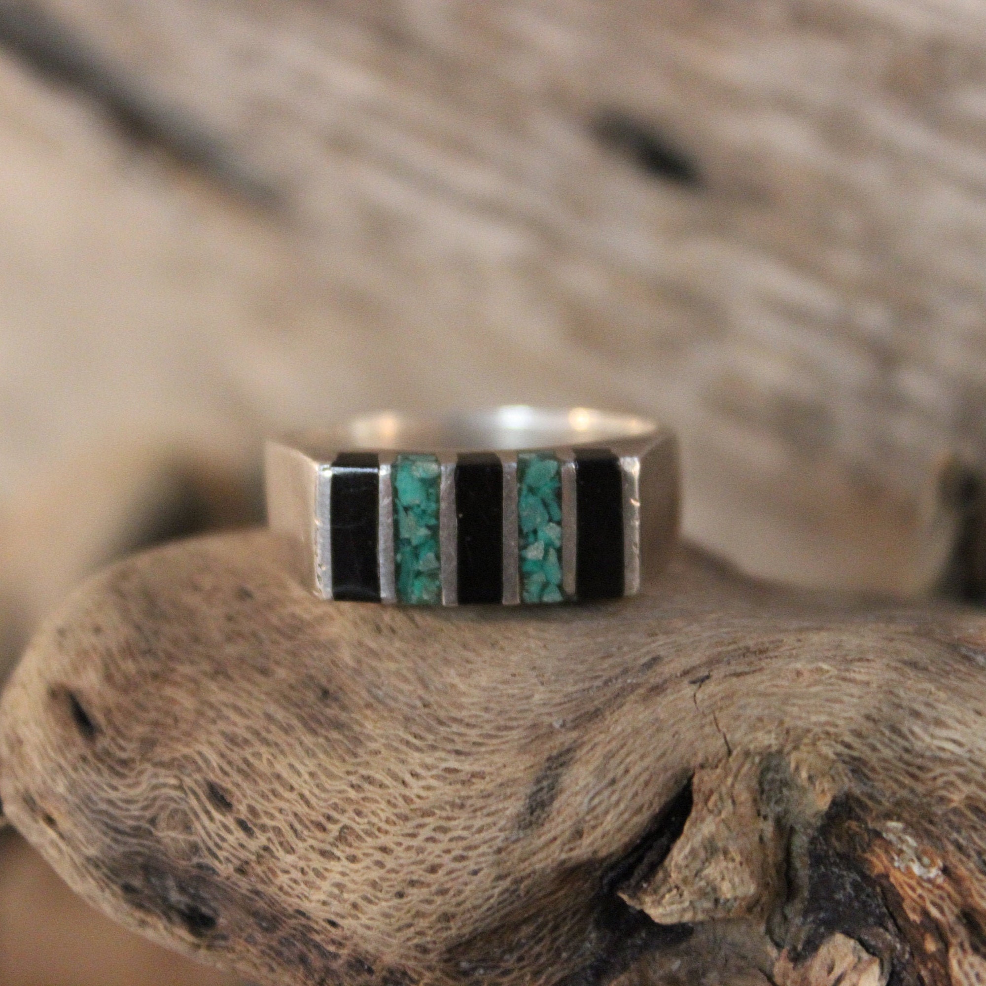 Vintage Mens Ring Mexico Sterling Silver Mens Turquoise Onyx Ring 9.2