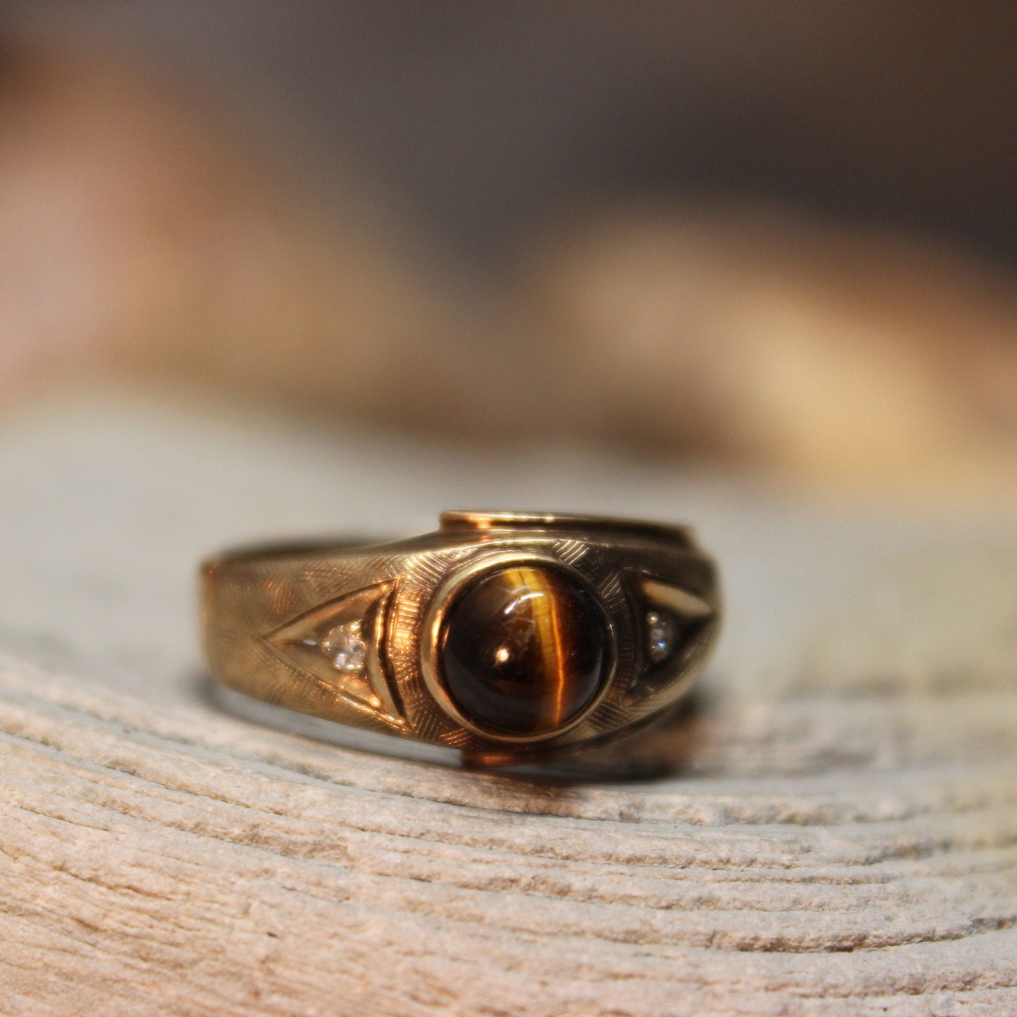 1960s Vintage Mens Tigers Eye And Diamond Ring 45 Grams Size 9 Solid