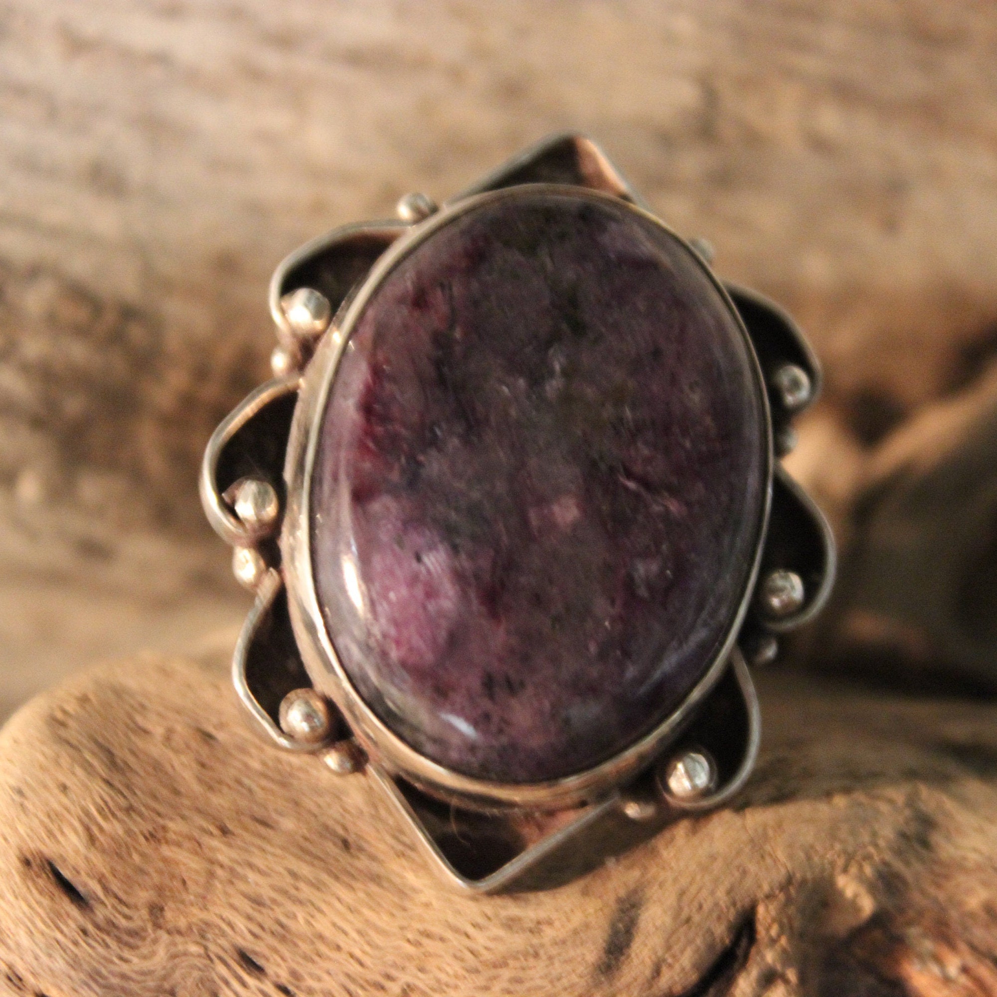 Large Vintage Charoite Silver Ring Size 4.5 Weight 22.6 Grams Large